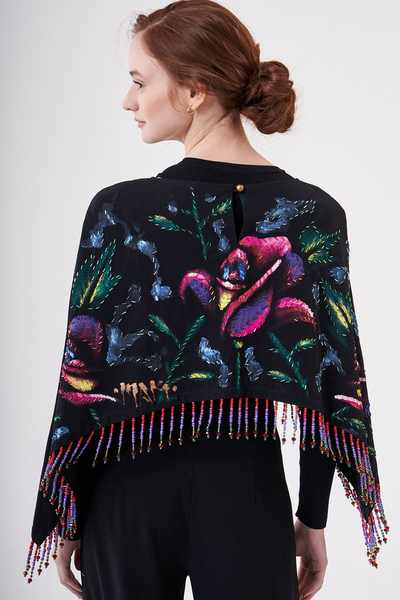 SHORT HAND-PAINTED AND HAND-EMBROIDERED CAPE WITH BEADED FRINGE