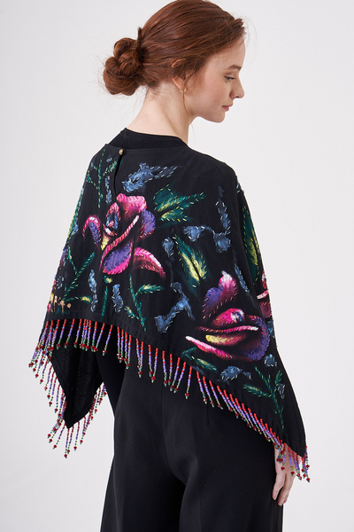 SHORT HAND-PAINTED AND HAND-EMBROIDERED CAPE WITH BEADED FRINGE