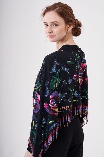 SHORT HAND-PAINTED AND HAND-EMBROIDERED CAPE WITH BEADED FRINGE