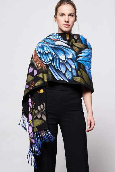 HAND PAINTED BEADED FRINGE SHAWL - COLIBRI