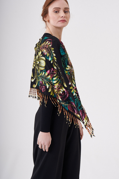 SHORT HAND-PAINTED AND HAND-EMBROIDERED CAPE WITH BEADED FRINGE