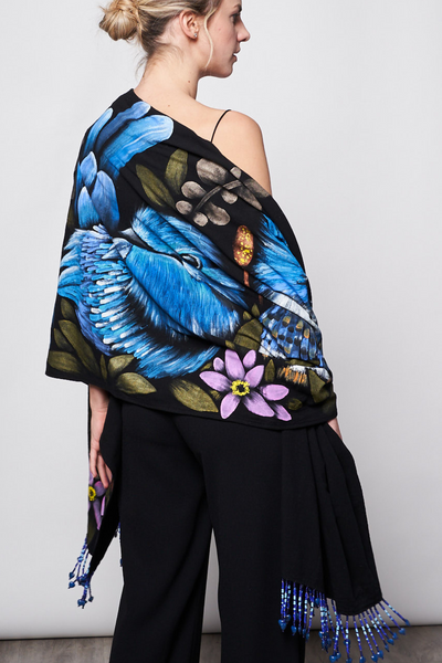 HAND PAINTED BEADED FRINGE SHAWL - COLIBRI