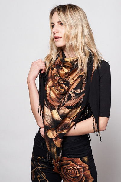 HAND-PAINTED TRIANGULAR SHAWL WITH BEADED FRINGE - ROSAS GOLD