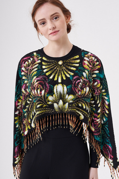 SHORT HAND-PAINTED AND HAND-EMBROIDERED CAPE WITH BEADED FRINGE