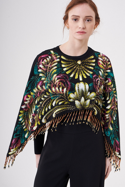 SHORT HAND-PAINTED AND HAND-EMBROIDERED CAPE WITH BEADED FRINGE