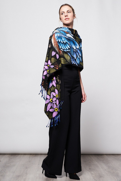 HAND PAINTED BEADED FRINGE SHAWL - COLIBRI