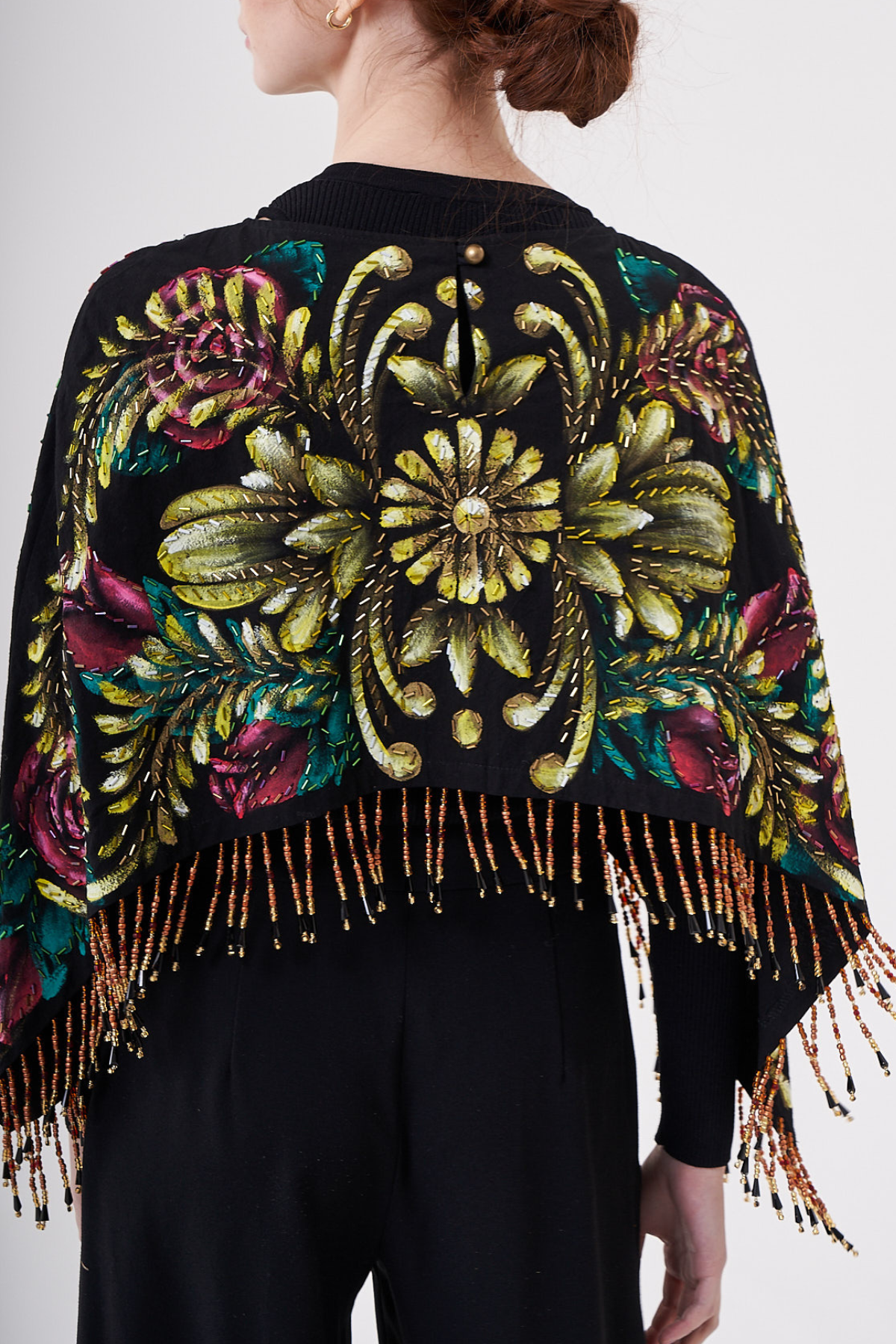 SHORT HAND-PAINTED AND HAND-EMBROIDERED CAPE WITH BEADED FRINGE