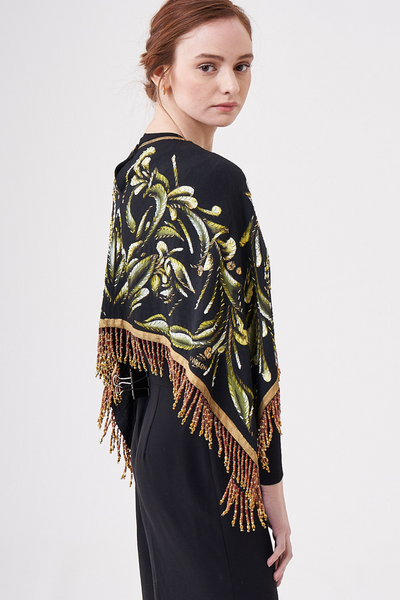 SHORT HAND-PAINTED AND HAND-EMBROIDERED CAPE WITH BEADED FRINGE