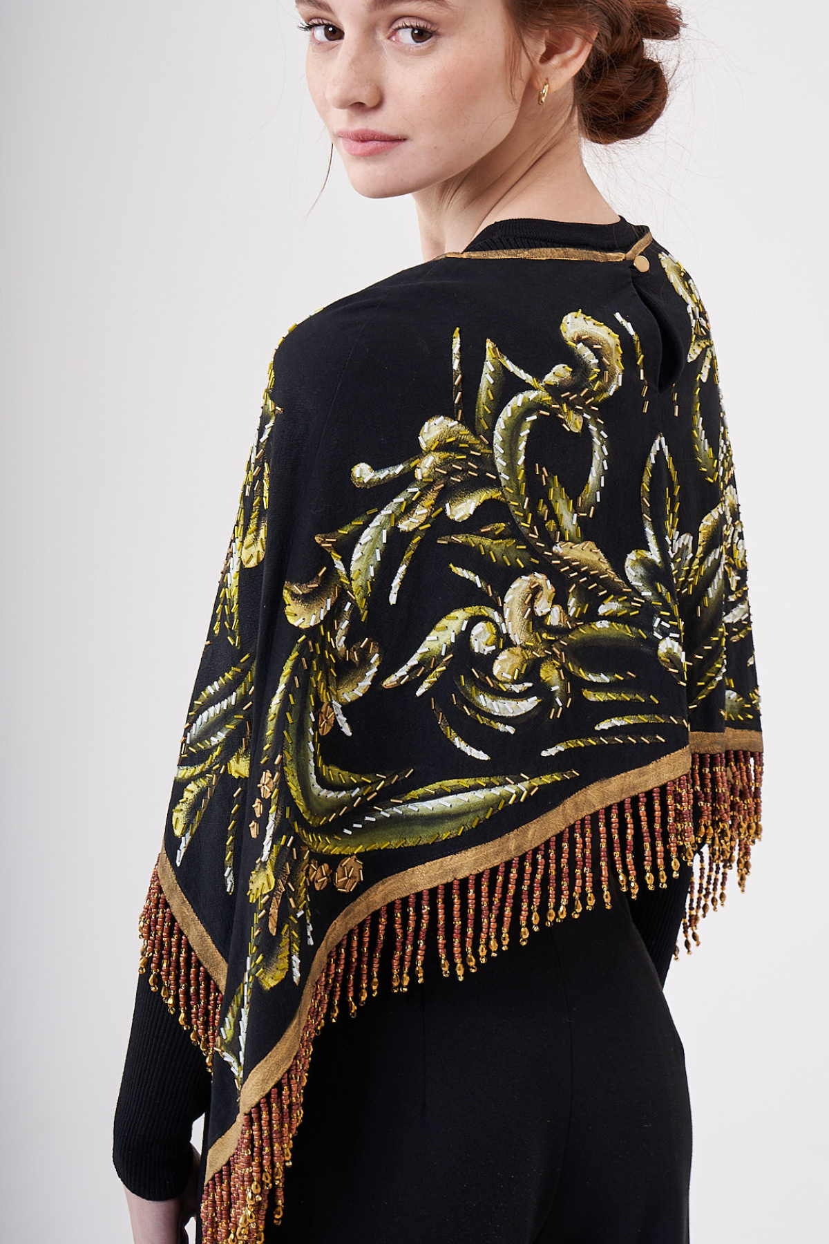 SHORT HAND-PAINTED AND HAND-EMBROIDERED CAPE WITH BEADED FRINGE