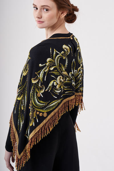 SHORT HAND-PAINTED AND HAND-EMBROIDERED CAPE WITH BEADED FRINGE