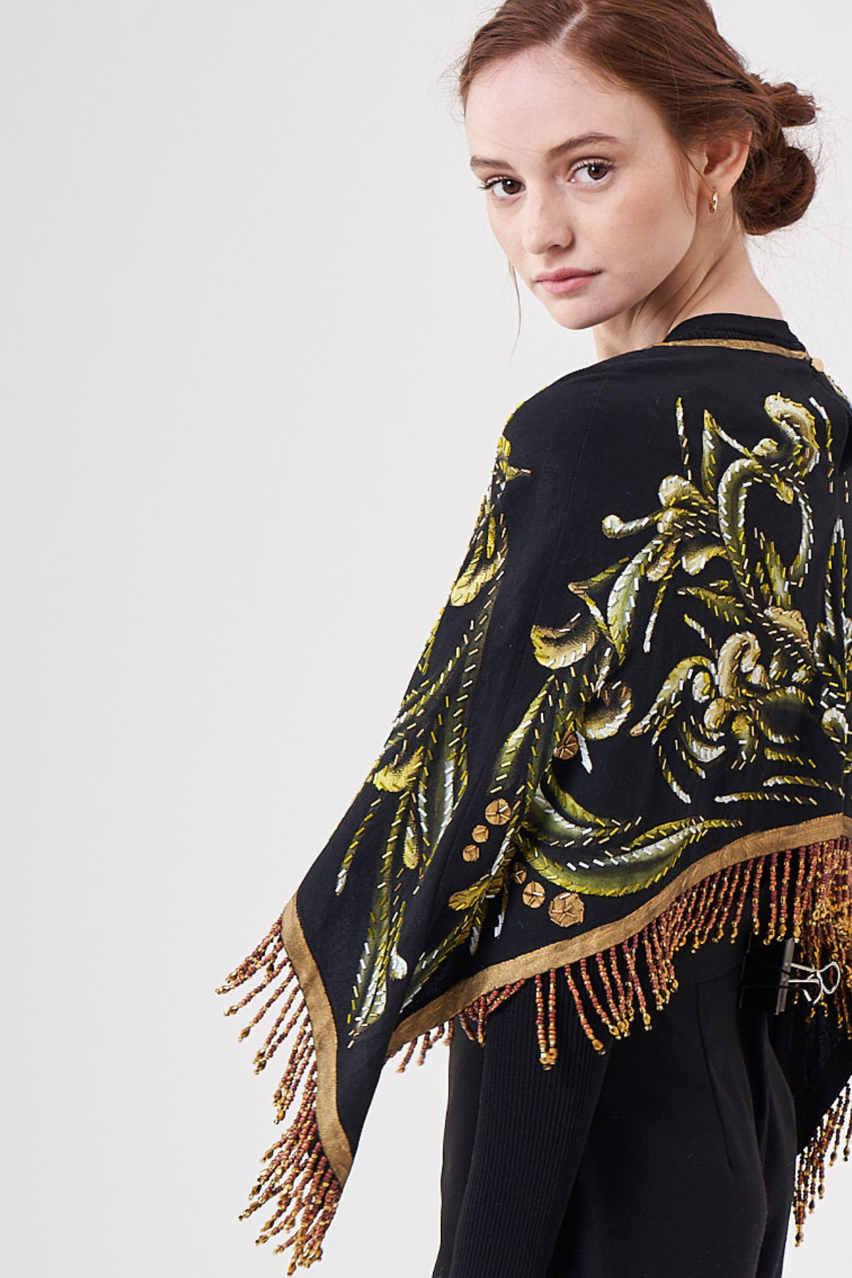 SHORT HAND-PAINTED AND HAND-EMBROIDERED CAPE WITH BEADED FRINGE