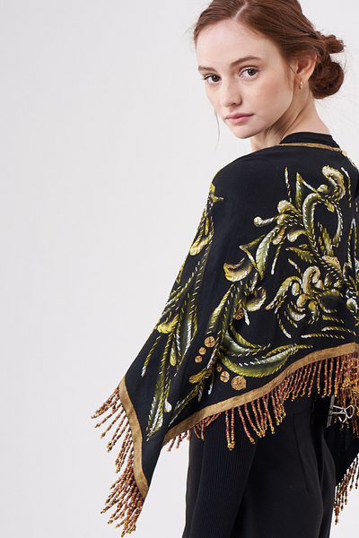 SHORT HAND-PAINTED AND HAND-EMBROIDERED CAPE WITH BEADED FRINGE