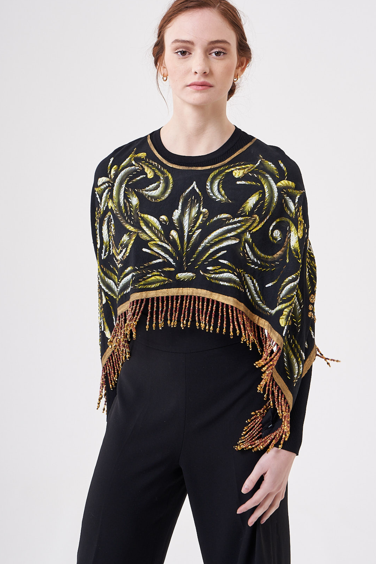 SHORT HAND-PAINTED AND HAND-EMBROIDERED CAPE WITH BEADED FRINGE