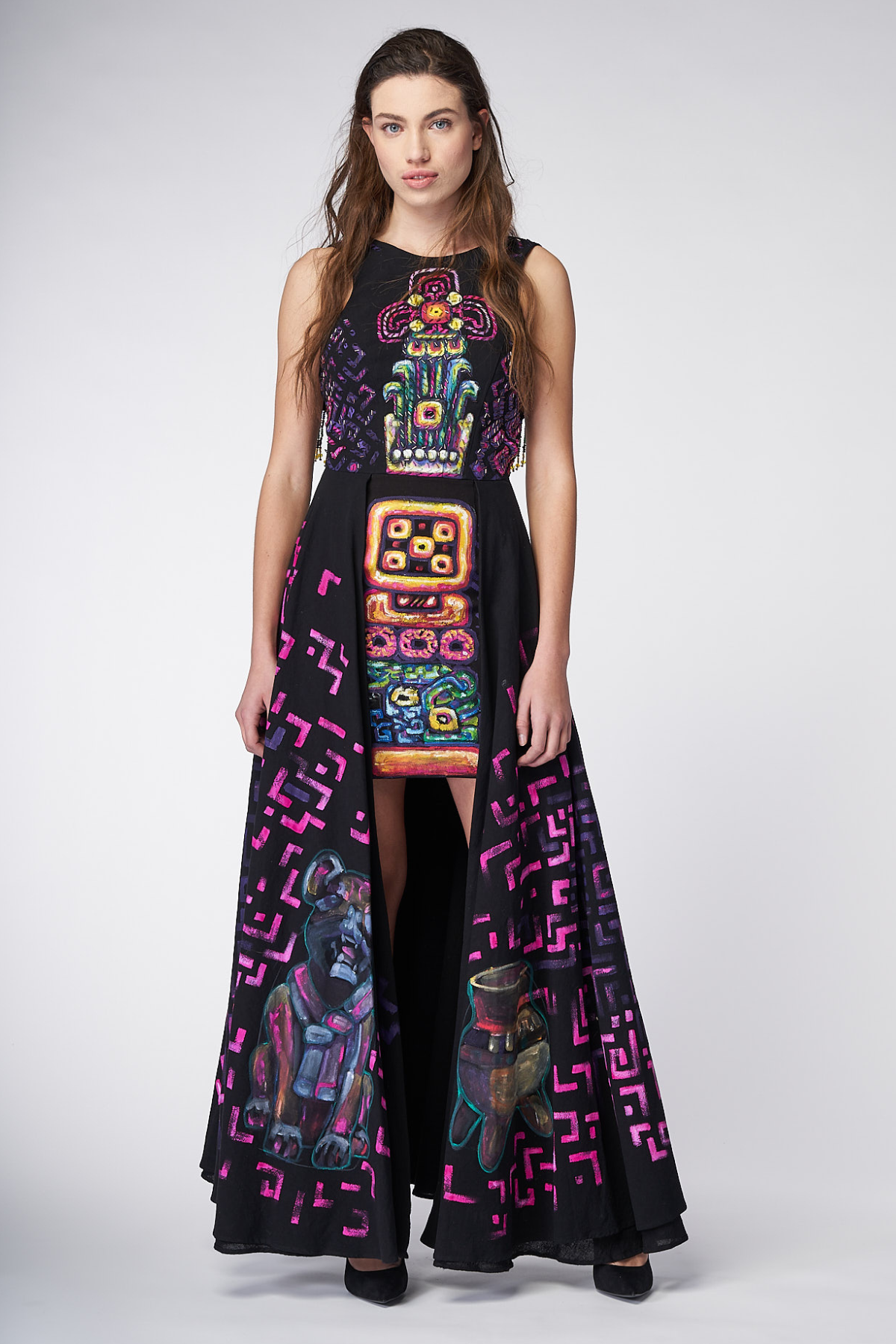 LONG HIGH-LOW HAND-PAINTED AND HAND-EMBROIDERED DRESS