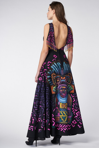 LONG HIGH-LOW HAND-PAINTED AND HAND-EMBROIDERED DRESS