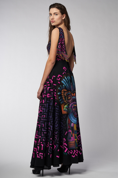 LONG HIGH-LOW HAND-PAINTED AND HAND-EMBROIDERED DRESS