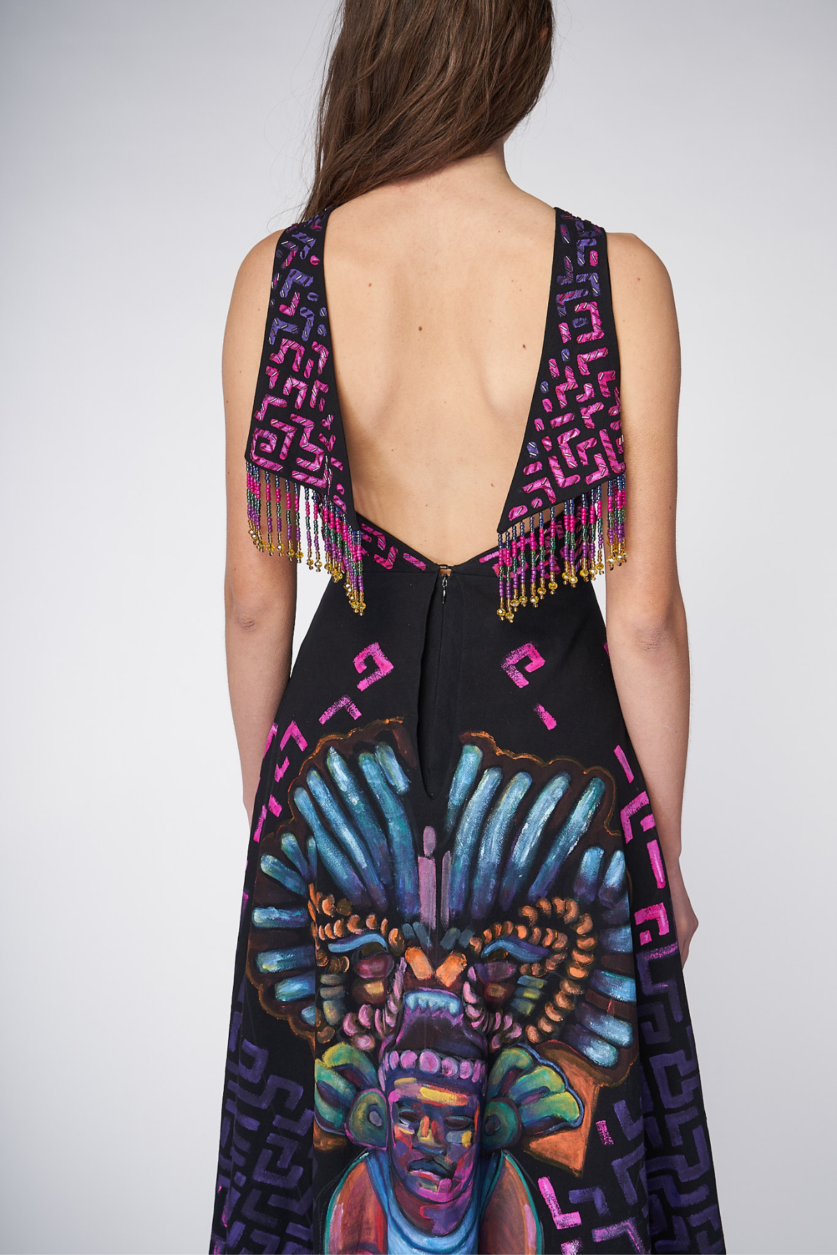 LONG HIGH-LOW HAND-PAINTED AND HAND-EMBROIDERED DRESS