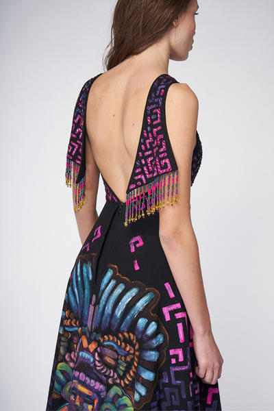 LONG HIGH-LOW HAND-PAINTED AND HAND-EMBROIDERED DRESS