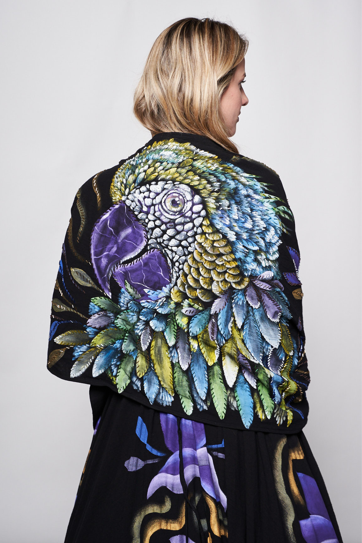 HAND PAINTED BEADED FRINGE SHAWL - GUACAMAYA