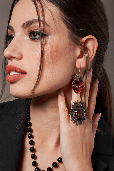SAGRADO CORAZON CROWN RING WITH RED HAND FACETED HEART AND AMBER CRYSTAL