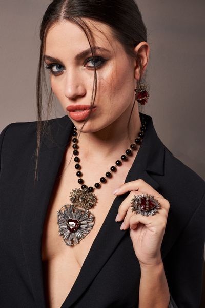 SAGRADO CORAZON CROWN RING WITH RED HAND FACETED HEART AND AMBER CRYSTAL