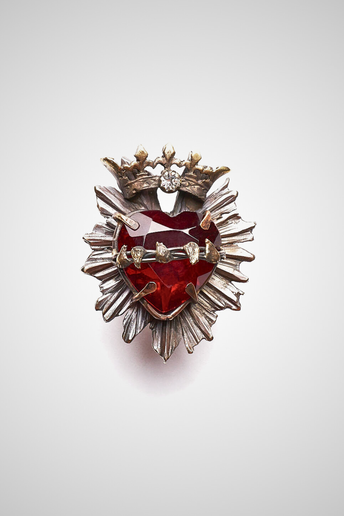 SAGRADO CORAZON CROWN RING WITH RED HAND FACETED HEART AND AMBER CRYSTAL