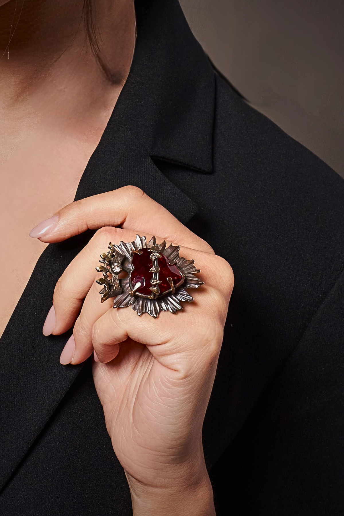 SAGRADO CORAZON CROWN RING WITH RED HAND FACETED HEART AND AMBER CRYSTAL