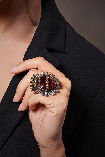 SAGRADO CORAZON CROWN RING WITH RED HAND FACETED HEART AND AMBER CRYSTAL