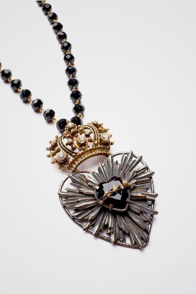 COLLANA SAGRADO CORAZON CORONA NERO CON CRISTALLO SFACCETTATO A MANO E CRISTALLI BIANCHI