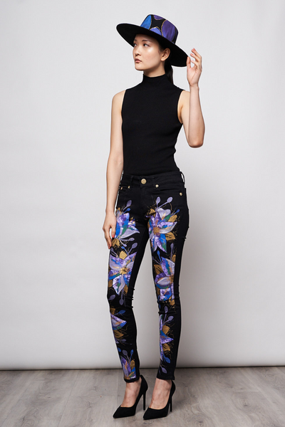 HAND PAINTED BLACK DENIM JEANS - GUACAMAYA