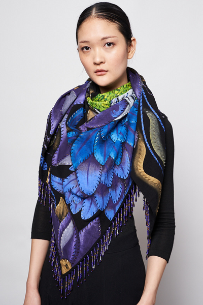 HAND-PAINTED AND HAND-EMBROIDERED TRIANGULAR SHAWL WITH BEADED FRINGE - GUACAMAYA