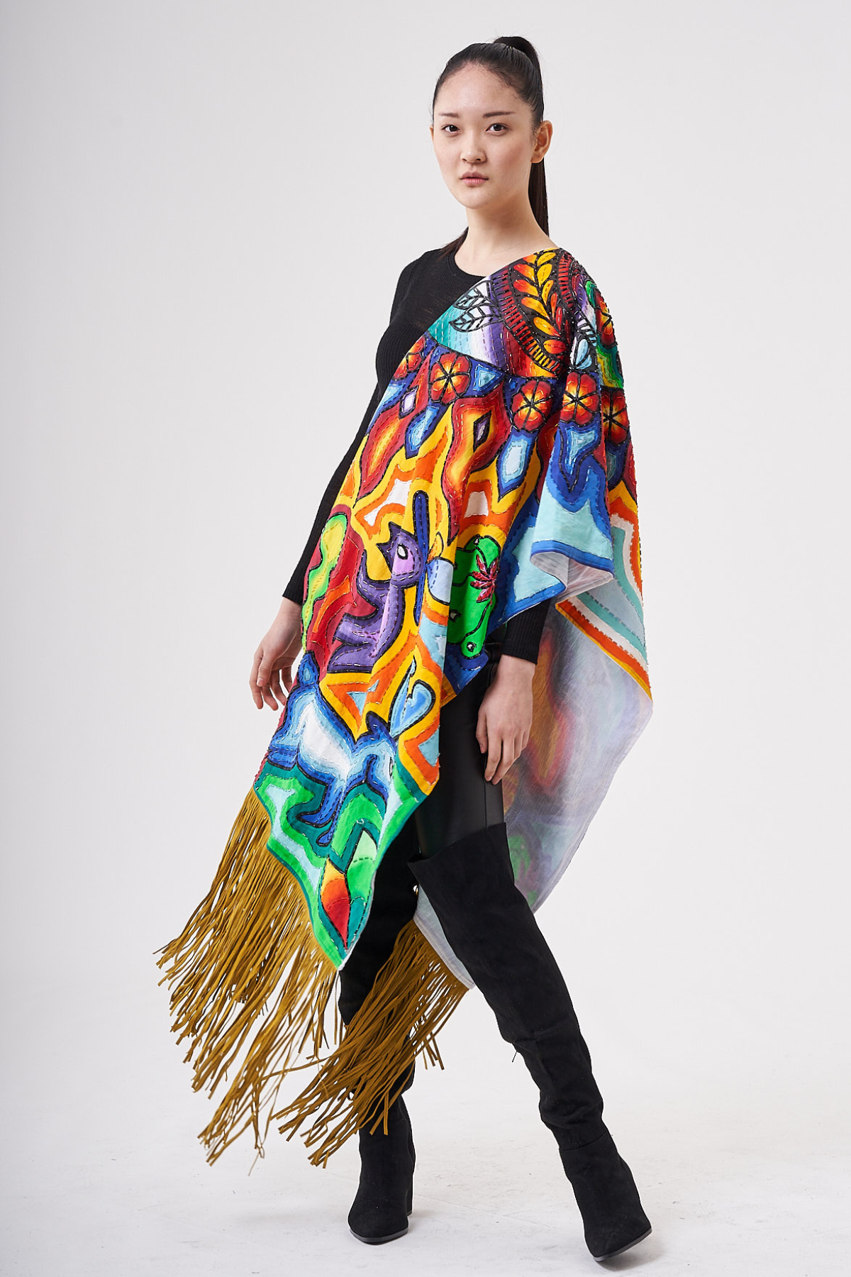 HAND PAINTED SUEDE FRINGE SHAWL - HUICHOL