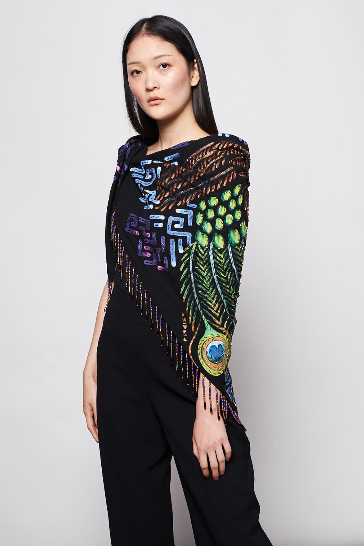 HAND-PAINTED AND HAND-EMBROIDERED TRIANGULAR SHAWL WITH BEADED FRINGE - INDIGENAS