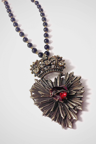COLLANA SAGRADO CORAZON CORONA ROSSO CON PERLE IN ONICE E CRISTALLI BIANCHI