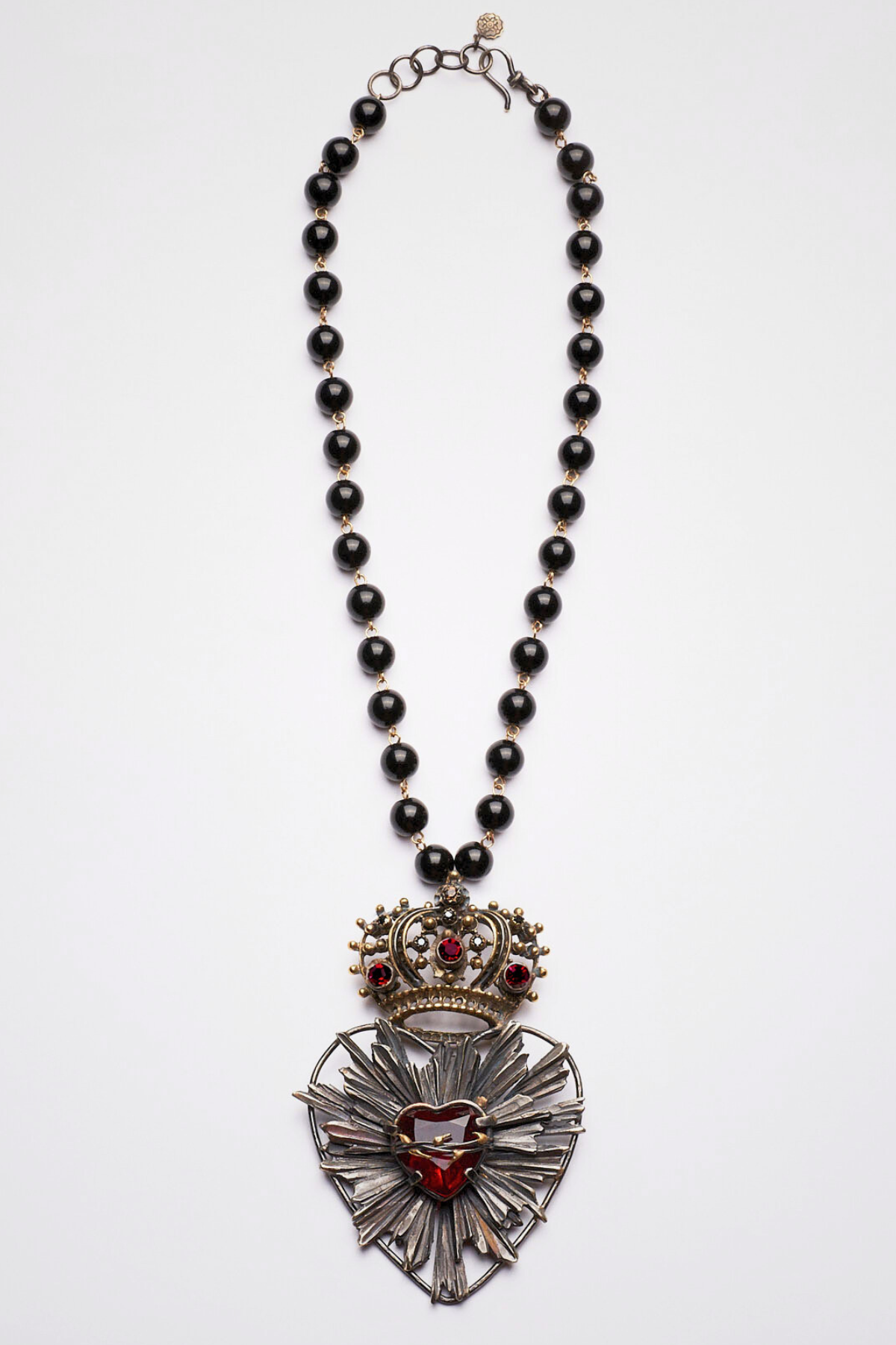 COLLANA SAGRADO CORAZON CORONA ROSSO CON PERLE IN ONICE E CRISTALLI ROSSI