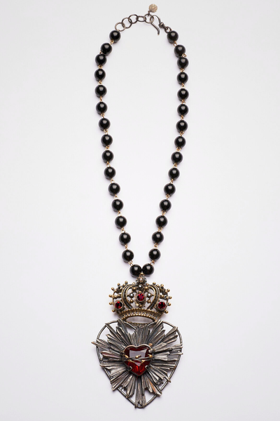 COLLANA SAGRADO CORAZON CORONA ROSSO CON PERLE IN ONICE E CRISTALLI ROSSI