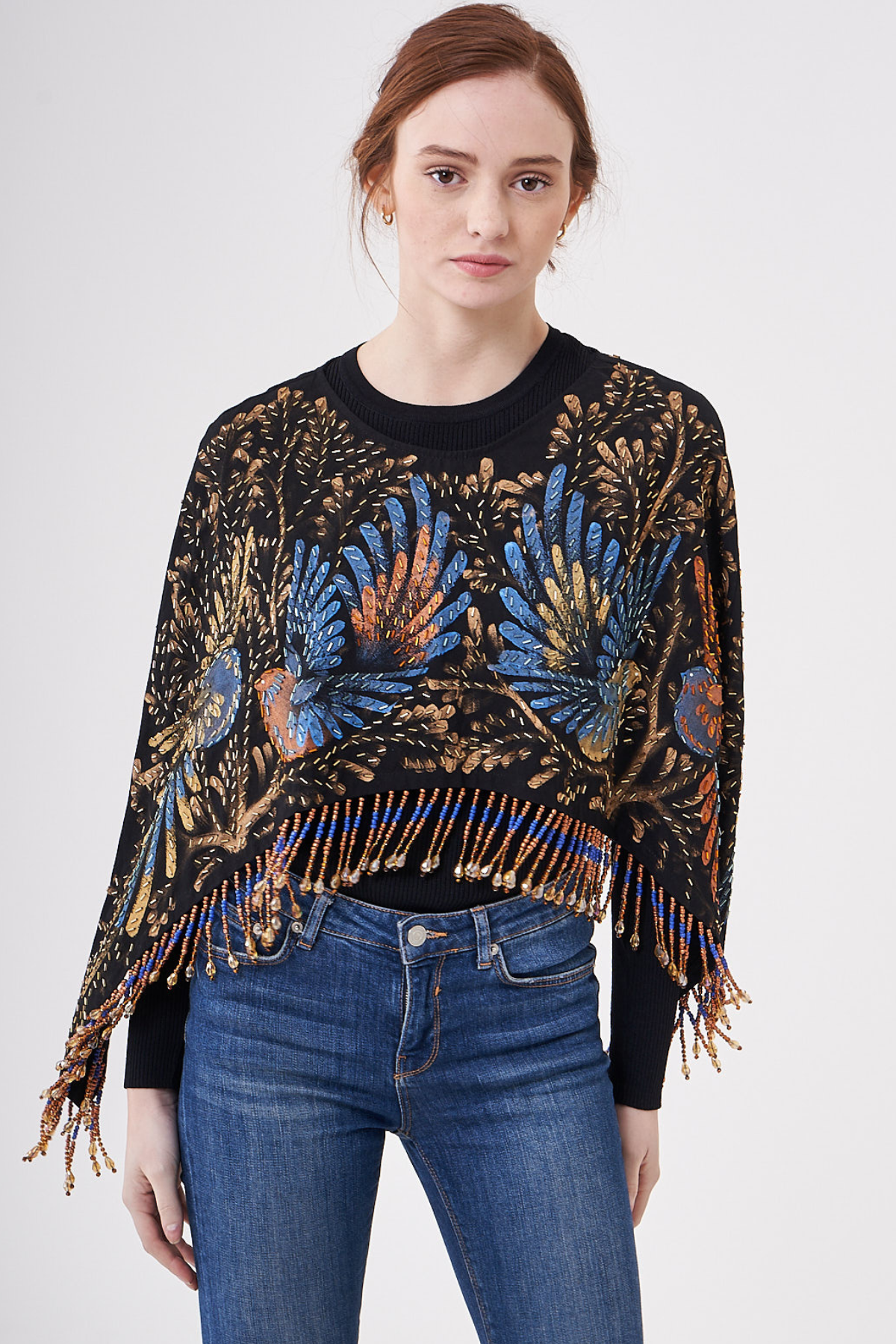 SHORT HAND-PAINTED AND HAND-EMBROIDERED CAPE WITH BEADED FRINGE