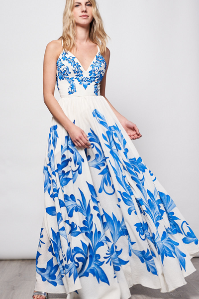 HAND-PAINTED AND HAND-EMBROIDERED LONG DRESS V NECK - TALAVERA AZUL