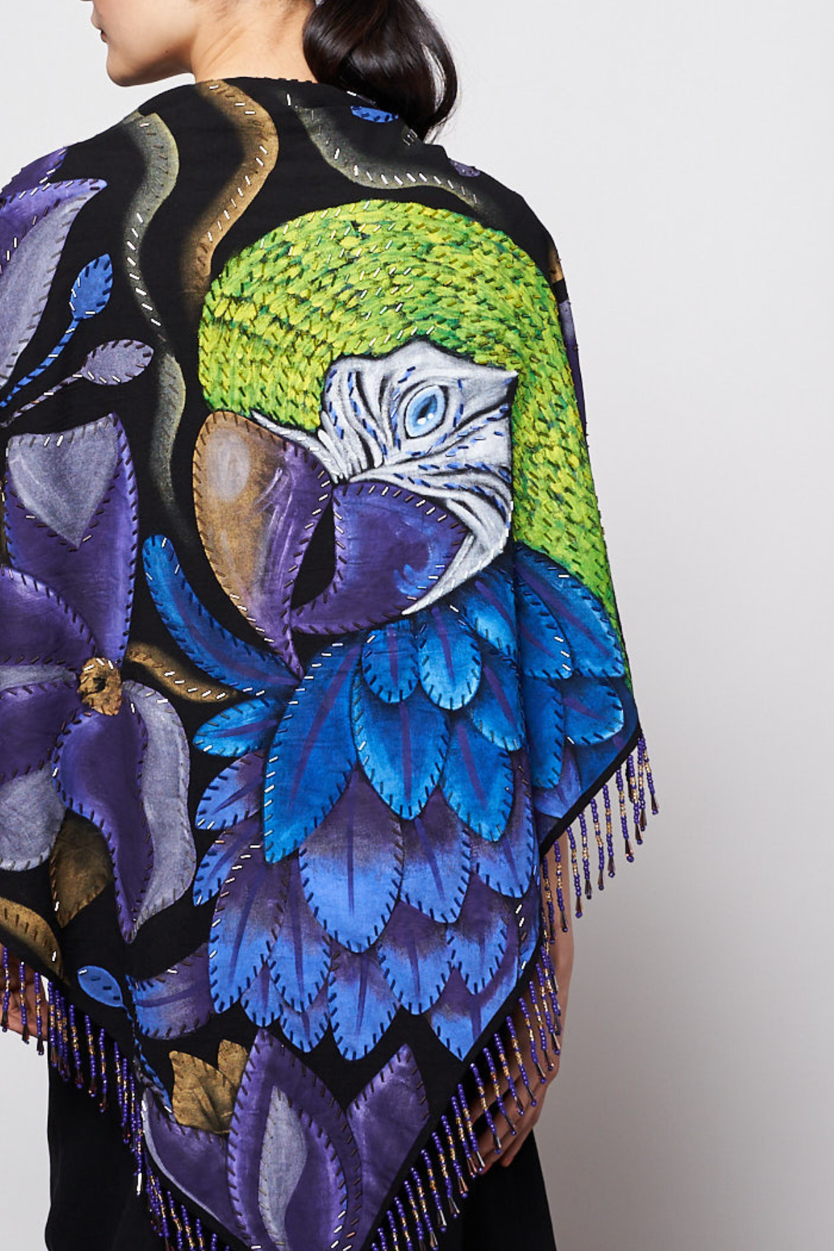 HAND-PAINTED AND HAND-EMBROIDERED TRIANGULAR SHAWL WITH BEADED FRINGE - GUACAMAYA