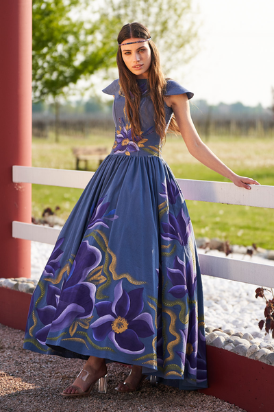 ABITO LUNGO CORSETTO CON SPALLINE DIPINTO A MANO – GUACAMAYA