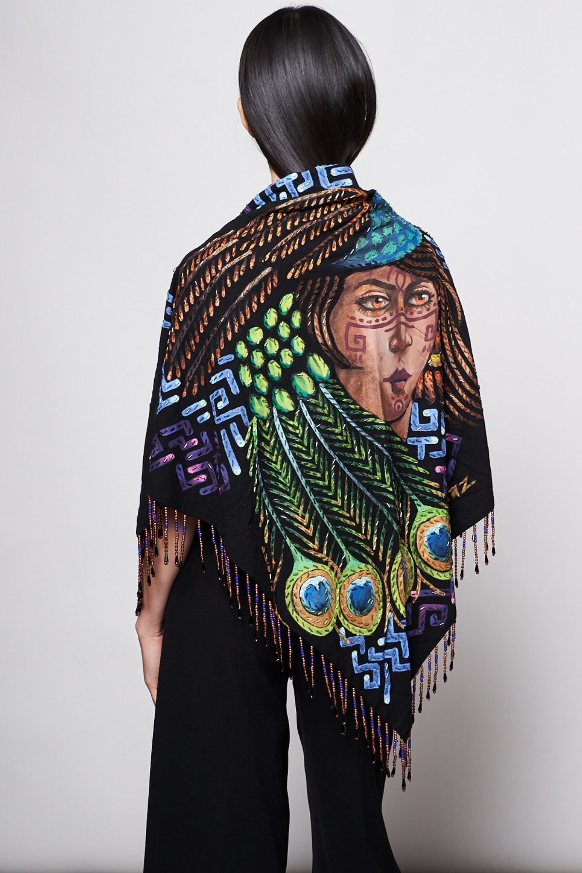 HAND-PAINTED AND HAND-EMBROIDERED TRIANGULAR SHAWL WITH BEADED FRINGE - INDIGENAS