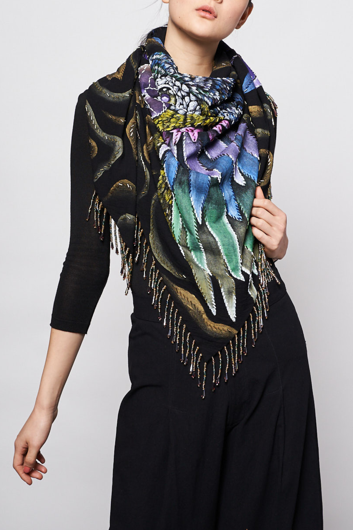 HAND-PAINTED AND HAND-EMBROIDERED TRIANGULAR SHAWL WITH BEADED FRINGE - GUACAMAYA