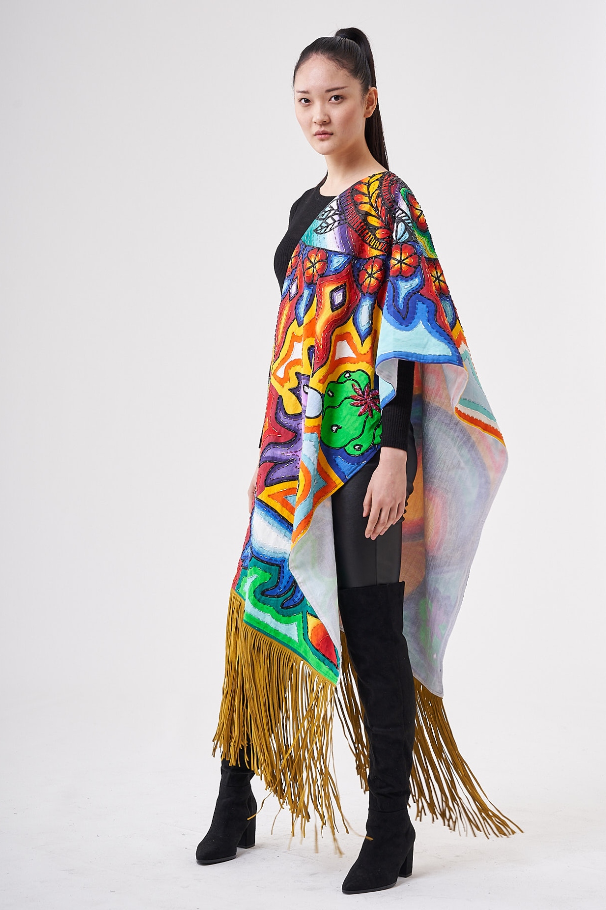 HAND PAINTED SUEDE FRINGE SHAWL - HUICHOL