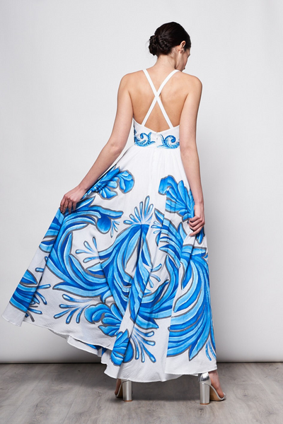 HAND-PAINTED AND HAND-EMBROIDERED LONG DRESS V NECK - TALAVERA AZUL