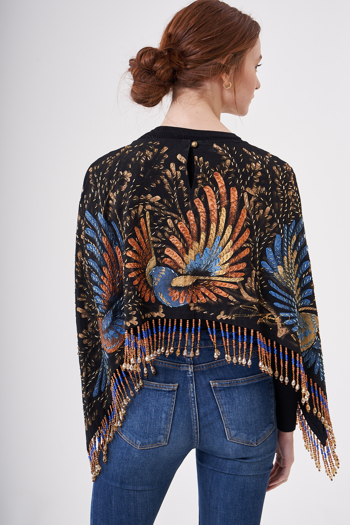 SHORT HAND-PAINTED AND HAND-EMBROIDERED CAPE WITH BEADED FRINGE