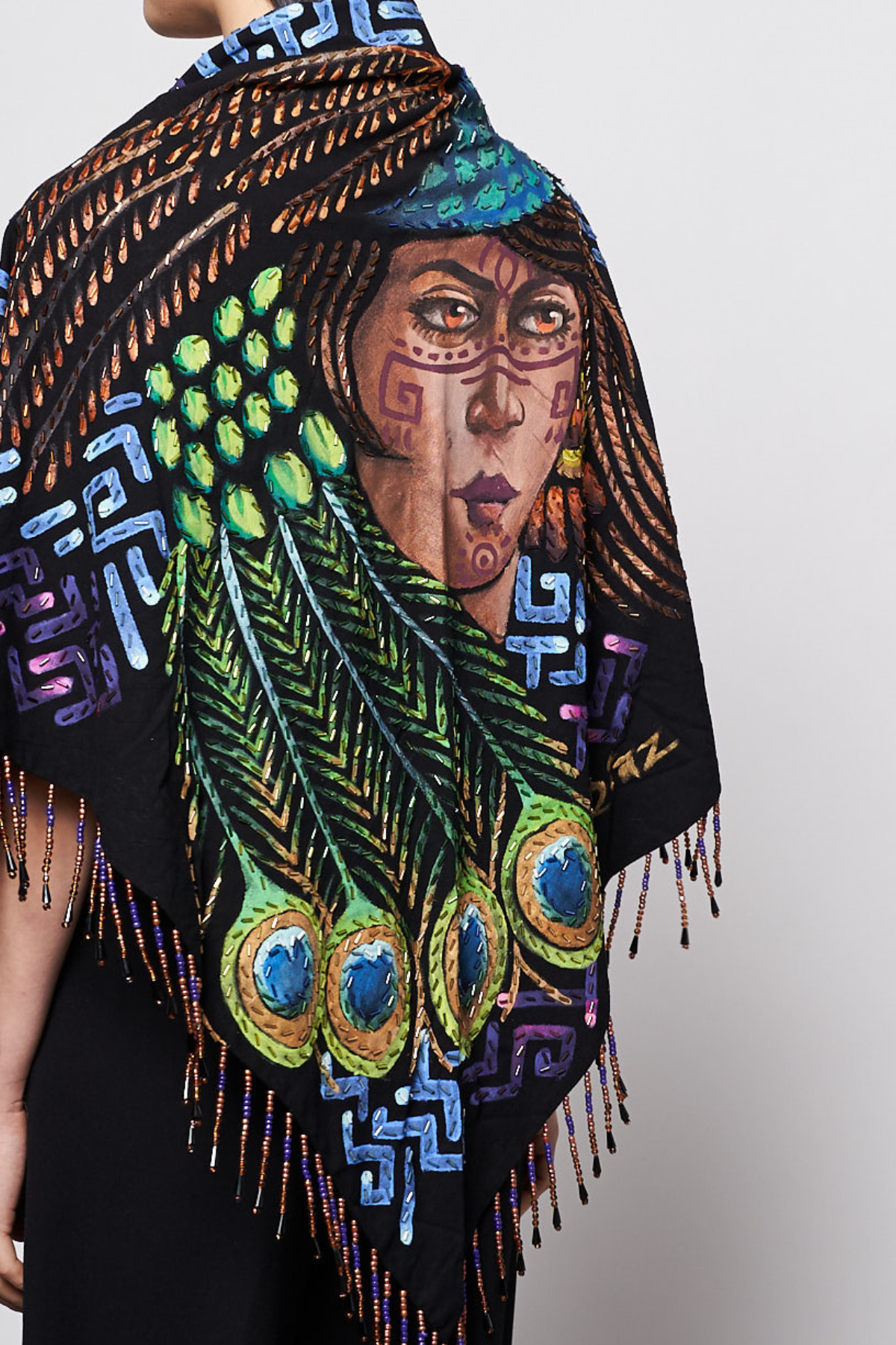 HAND-PAINTED AND HAND-EMBROIDERED TRIANGULAR SHAWL WITH BEADED FRINGE - INDIGENAS