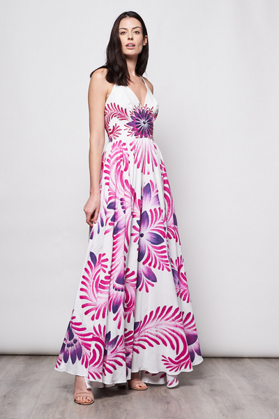 LONG DRESS V NECK HAND-PAINTED AND HAND-EMBROIDERED - TALAVERA PINK