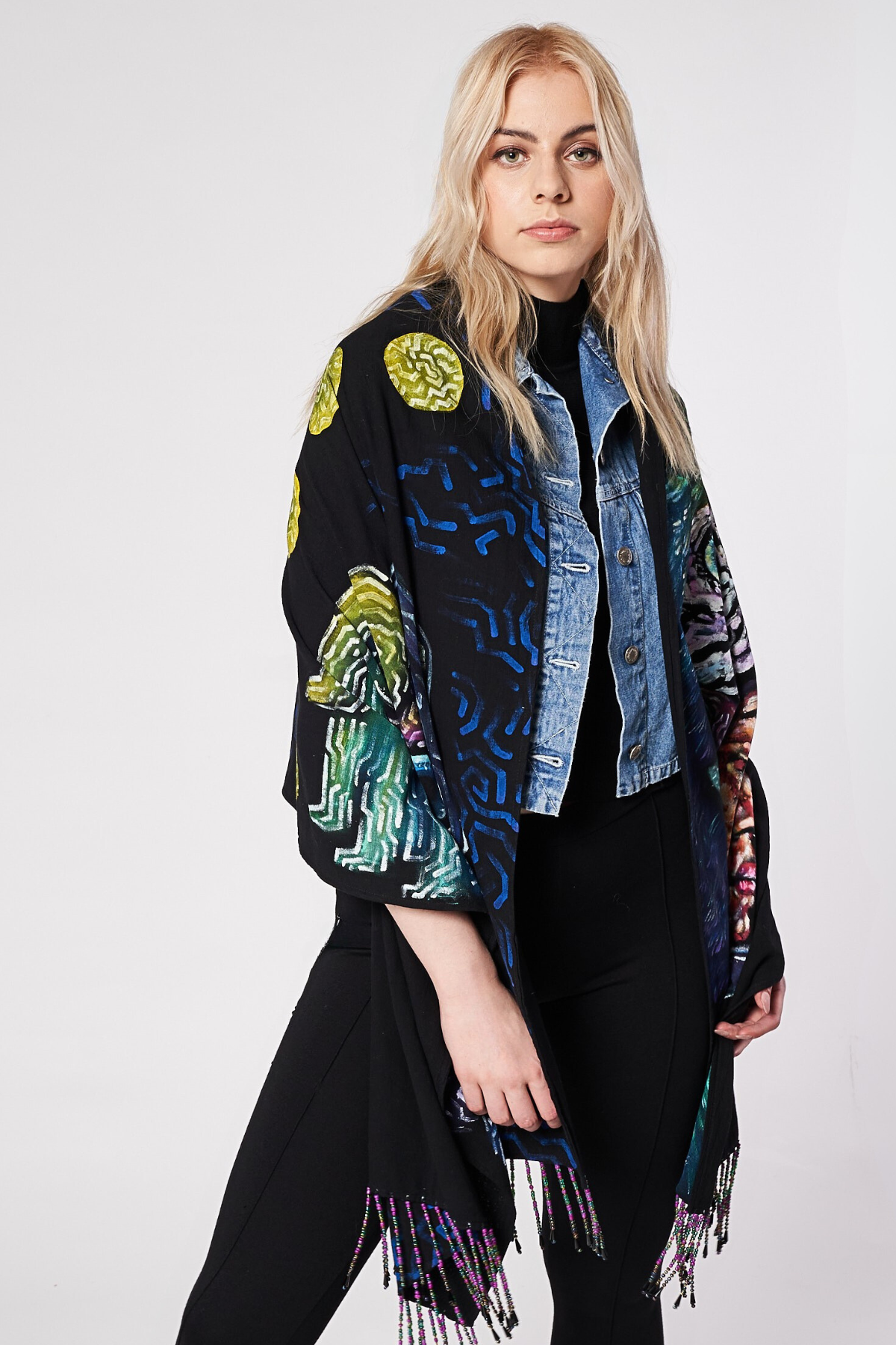 HAND-PAINTED SHAWL WITH BEADED FRINGE - GUERREROS