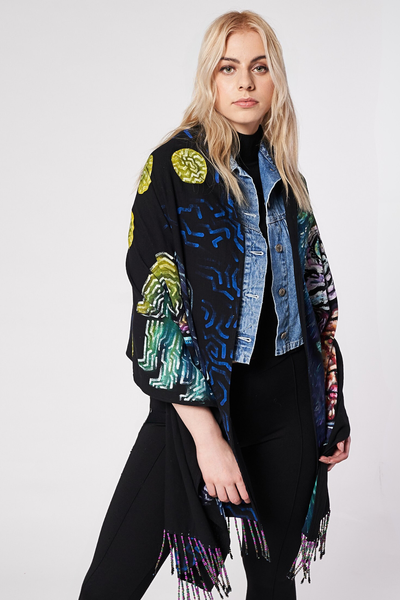 HAND-PAINTED SHAWL WITH BEADED FRINGE - GUERREROS