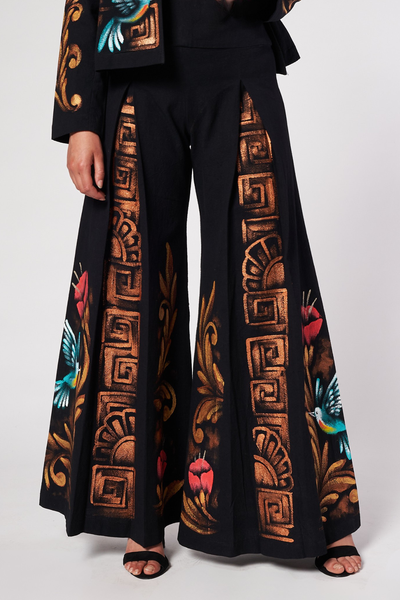 PANTALONI A PALAZZO PLISSETTATI DIPINTI A MANO - COLIBRI PREHISPANICO